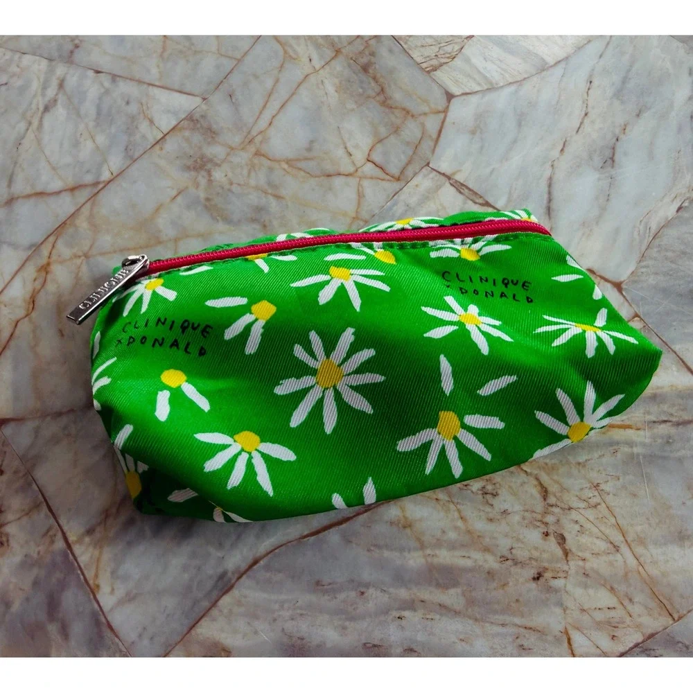 Clinique x Donald Robertson Green Daisy Floral Makeup Cosmetic Bag Pink Zipper